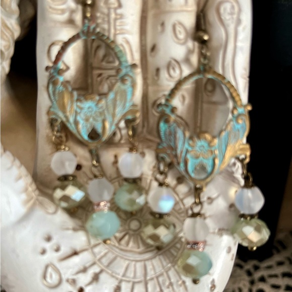 Art Nouveau Style Verdigris Earrings Czech Glass Drops - Picture 12 of 15